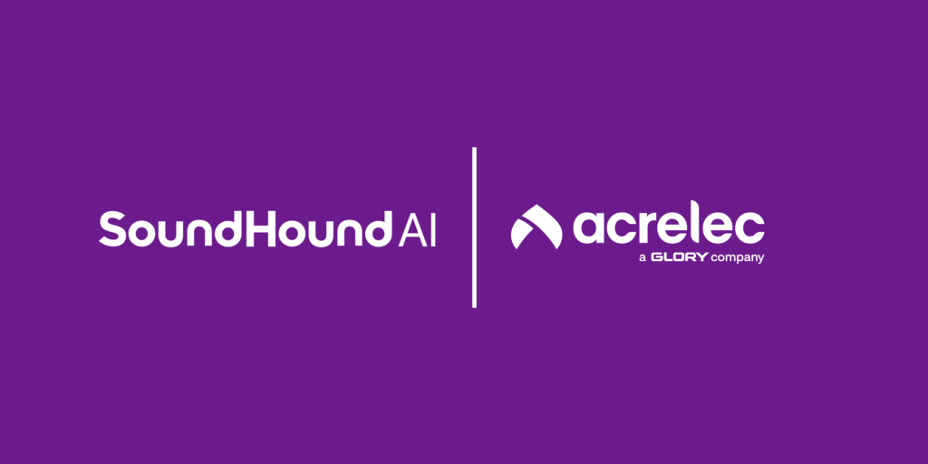 Logos of SoundHound and Acrelec partner, separated by a vertical line, on a solid purple background. Acrelec’s logo includes the text “a GLORY company” underneath.