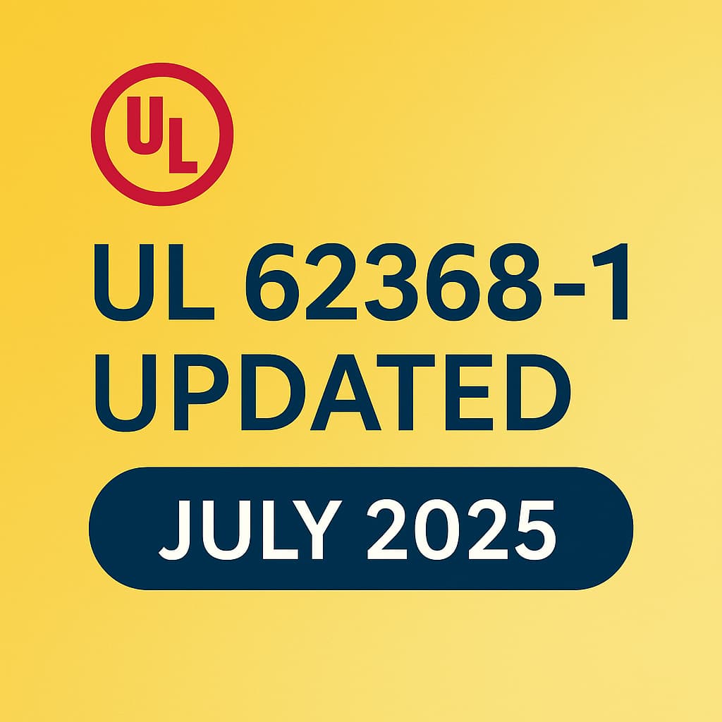 A yellow background with the red UL logo and bold text reading Updated UL 62368 above a dark blue oval containing JULY 2025 in white.