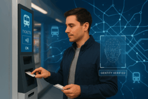 transport-themed variation—featuring a traveler at a sleek ticketing kiosk, with biometric identity verification and a stylized transit map overlay.
