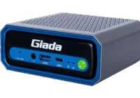 A compact, rectangular Giada mini PC designed for AI computers, featuring a gray vented top, blue and black front panel with a green power button, USB ports, and sleek branding.