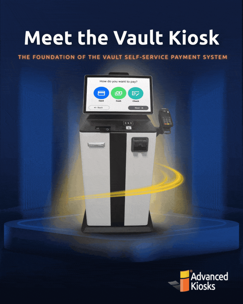 The Vault Payment Collection Kiosk: A silver and black armored pedestal kiosk for government bill pay featuring a touchscreen and cash acceptor.