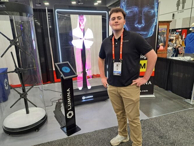 Henry Lober introduces interactive AI avatar holograms at the Lumina exhibit.